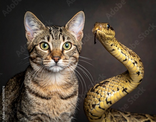 Photo of a cat and a snake are posing side by side for the camera