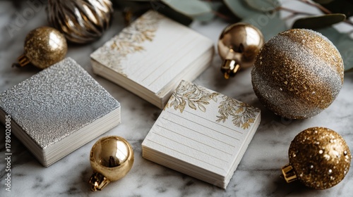 Festive Holiday Cards and Decorations on Marble Surface