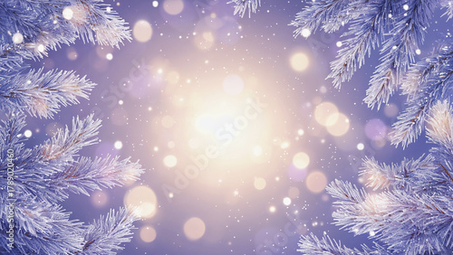 Winter pine branches with frosted needles and glowing bokeh lights create dreamy pastel