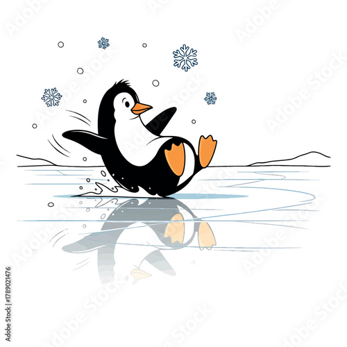 Happy penguin sliding on ice with snowflakes falling around