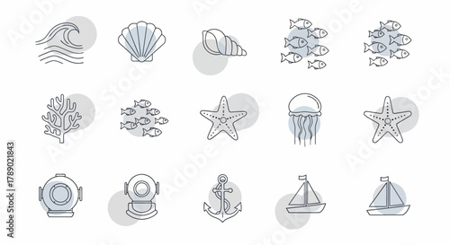 Collection of Marine Life and Nautical Elements Icons.