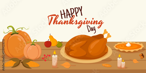 Thanksgiving Feast Illustration – Roasted Turkey, Pumpkins, Pie and Autumn Decor on Wooden Table with Festive Typography