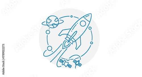 Rocket Launching into Space with Planets and Satellites.