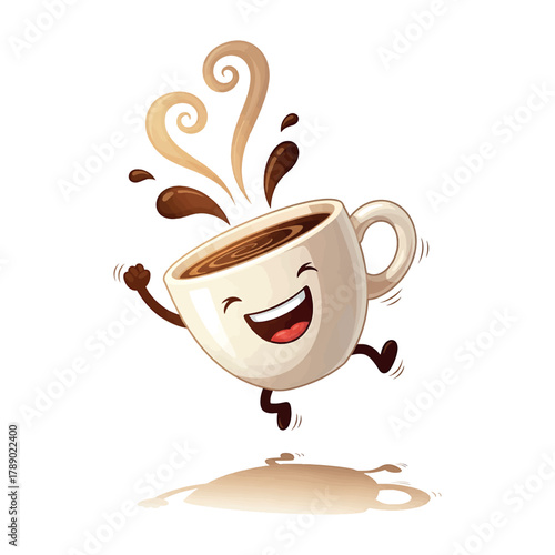 A cheerful cartoon coffee cup character jumping with joy, steaming, and spilling a bit of coffee