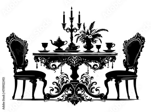 Black and white illustration of an ornate Baroque table and antique chairs on a white insulated background. Vector graphics. EPS.