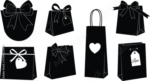 Black silhouettes of assorted gift bags and boxes with bows. isolated on white background, Vector, illustration.