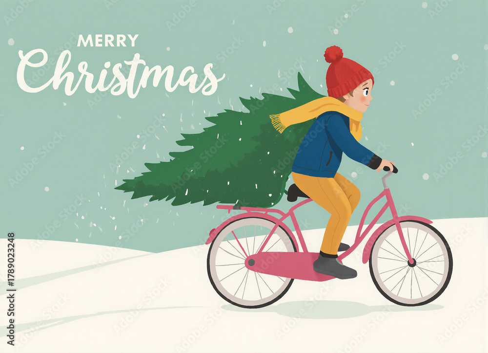 Fototapeta premium Whimsical illustration of person riding bike with large Christmas tree in snowy winter landscape