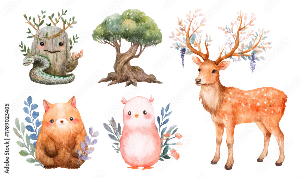 Fototapeta premium Cute Watercolor Cartoon Animals and Trees with Isolated Transparent Backgrounds