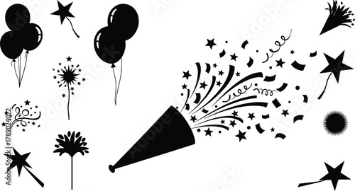 Celebration elements silhouette set with balloons confetti stars isolated on white background, Vector, illustration