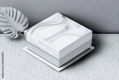 A stylish, minimalist arrangement featuring a stacked gift box with a marble pattern and a large, stylized monstera leaf.