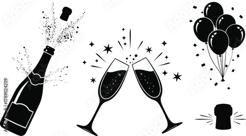 Celebration elements set with champagne, toast, balloons, cork isolated on white background, Vector, illustration