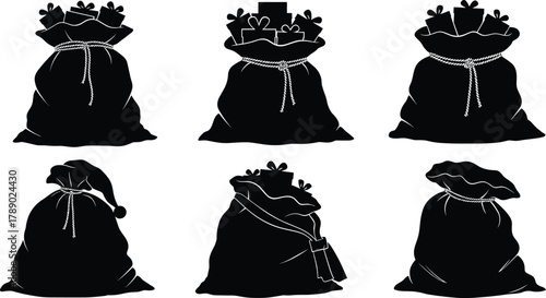 Christmas holiday gift sacks black silhouette collection vector isolated on white background, Vector, illustration
