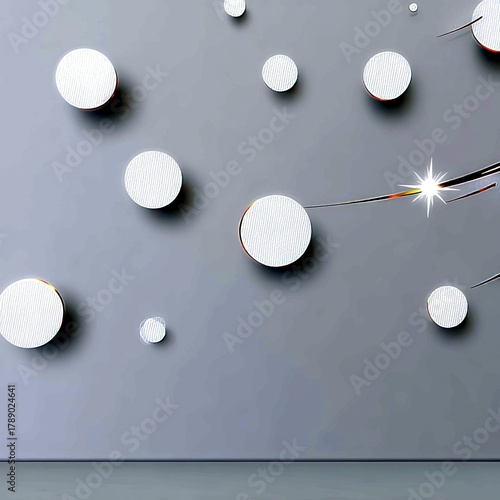 Abstract decorative elements resembling planets or bubbles with a sparkling light trail on a plain gray wall.