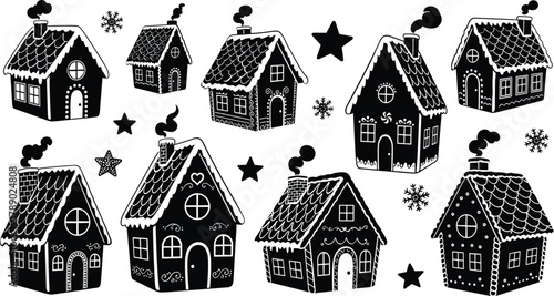 Christmas gingerbread houses vector illustration pattern collection isolated on white background, Vector, illustration