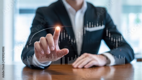 Businessman using interactive digital interface to analyze stock market graph