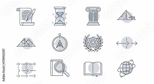 Collection of History and Education Icons Representing Knowledge and Time.