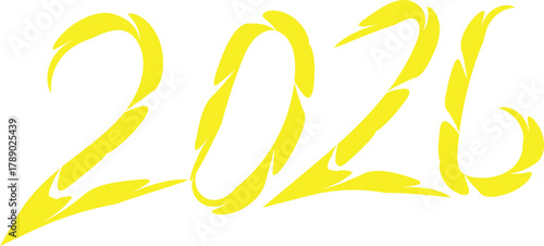 Bright yellow hand drawn brush stroke numbers 2026 on white background.