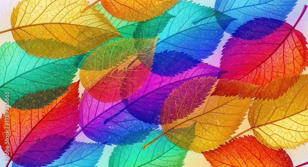 Naklejka premium Colorful leaves in vibrant hues of red, orange, yellow, green, and blue are layered artistically, creating a stunning visual display of nature's beauty and diversity
