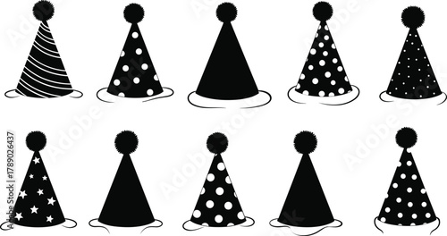 Collection of festive black and white party hats with pom poms isolated on white background, Vector, illustration