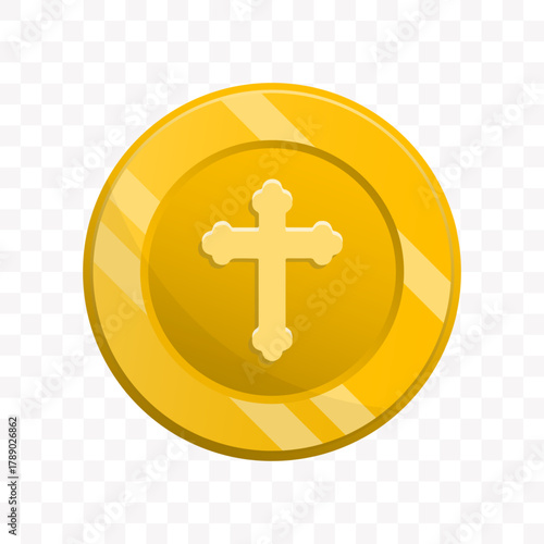 Cartoon Style Detailed Golden Coin with Christian Cross Religion Icon