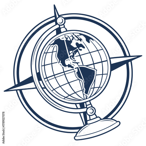 Globe and Compass Rose Emblem with Stylized Earth Keywords: globe, earth, world, compass, rose