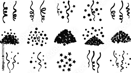 Confetti and streamer silhouettes for party celebration designs isolated on white background, Vector, illustration