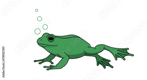 Cartoon green frog swimming underwater with air bubbles illustration.