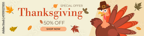 Thanksgiving Sale Banner – Cartoon Turkey, Autumn Leaves and Festive Typography for Seasonal Promotions and Holiday Advertising