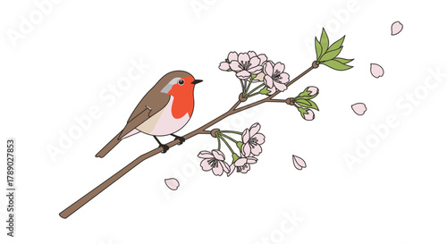 Robin Perched on Blossoming Branch - A Springtime Illustration.