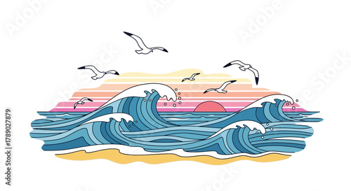 Stylized hand-drawn ocean waves with flying seagulls at sunset.