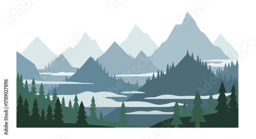 Serene mountain landscape with pine forest and tranquil lake vector illustration.