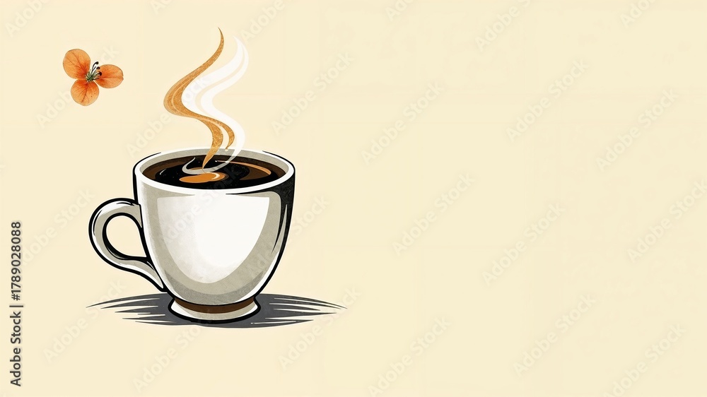 Obraz premium Drawing of a steaming coffee cup on a light beige background, logo-styled with copy space for text 