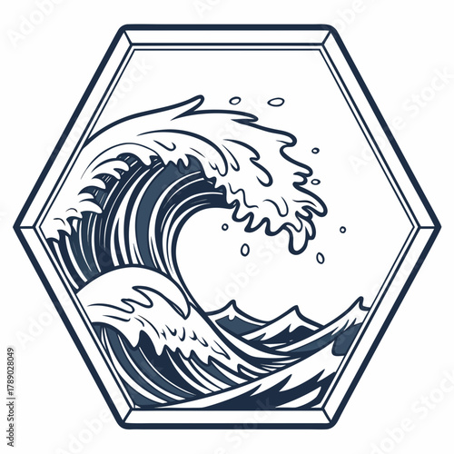 Dark Blue Ocean Waves in Hexagonal Emblem water nature