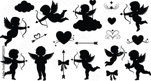 Cupid silhouettes for valentine's day, love and romance designs isolated on white background, Vector, illustration