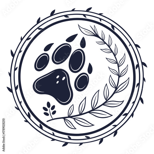 Paw Print Emblem with Laurel Wreath and Leaves animal wildlife