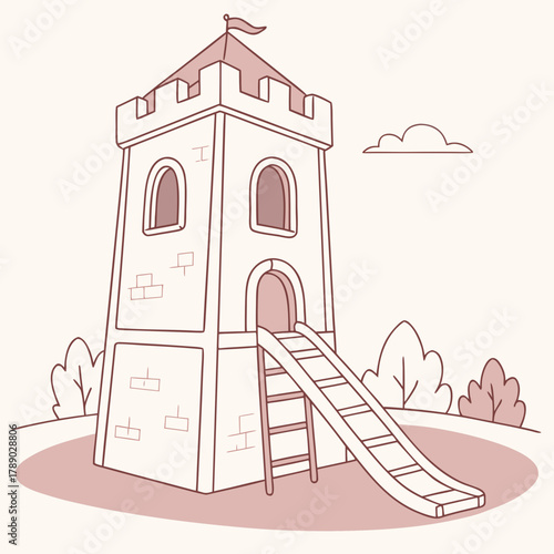 Cartoon castle tower with slide and surrounding trees playhouse playground