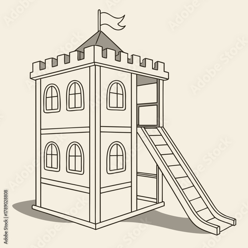 Cartoon castle playhouse with slide and flag on roof playground