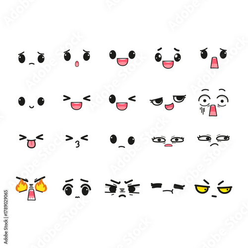 A diverse collection of cute animated faces displaying a wide range of emotions and expressions, perfect for graphic design elements
