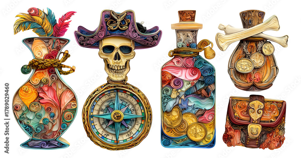 Fototapeta premium Colorful Pirate-Themed Elements with Decorative Objects and Symbols of Adventure
