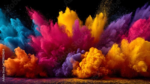 Vibrant clouds of multi-colored powder erupt dramatically against a deep black background