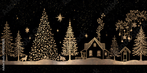 Elegant Christmas night scene featuring golden trees, houses and starry sky. Holiday season concept.