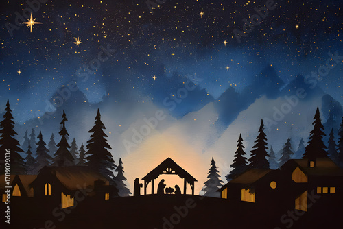 Peaceful Christmas night illustration displaying the Nativity scene under starry sky. Religious concept.