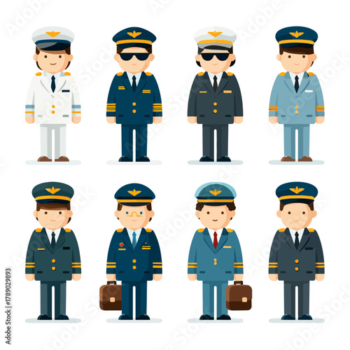 Aviation Pilots and Flight Crew Character Set Illustrations