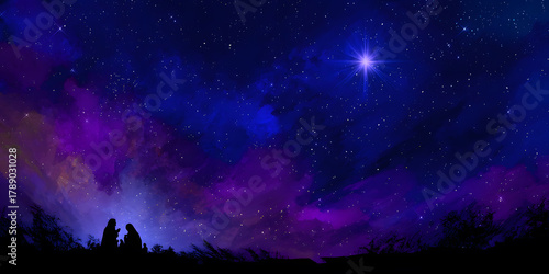 Nativity scene under a vibrant starry night with the Star of Bethlehem shining brightly. Religious concept.