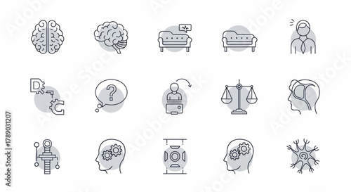 Collection of Icons Representing Psychology and Mental Health Concepts.