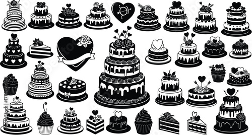 Elegant wedding cake and celebration dessert vector icons set isolated on white background, Vector, illustration