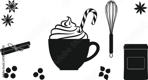 Festive winter drink with spices, candy cane, and baking items isolated on white background, Vector, illustration