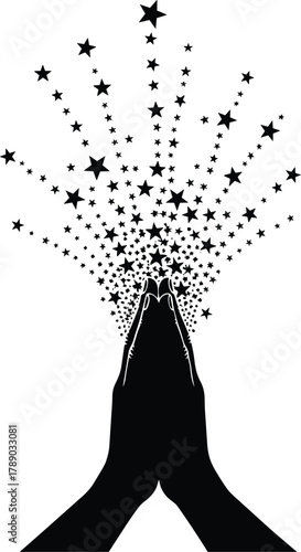 Hands in spiritual gesture releasing a cascade of upward stars. isolated on white background, Vector, illustration.