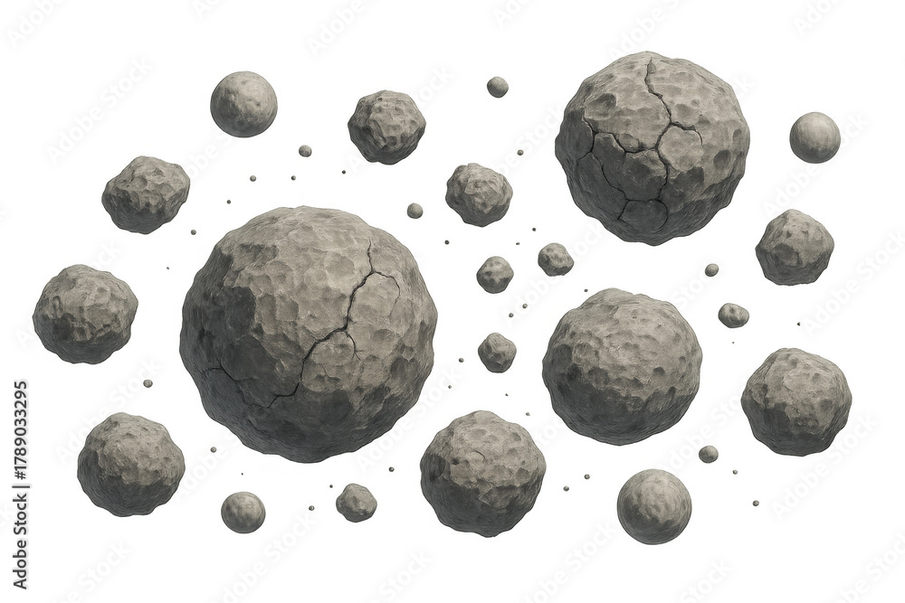 Fototapeta premium Asteroids and meteorites flying in deep space, rough rock texture with cracks, cosmic debris on transparent background