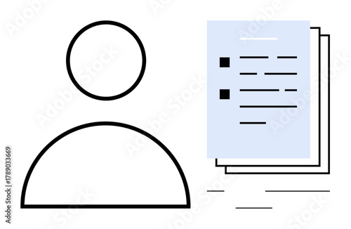 Simplified human outline next to layered papers symbolizing documentation, data, or profile management. Ideal for data organization, recruitment, tasks, user profile, office workflow, digital filing